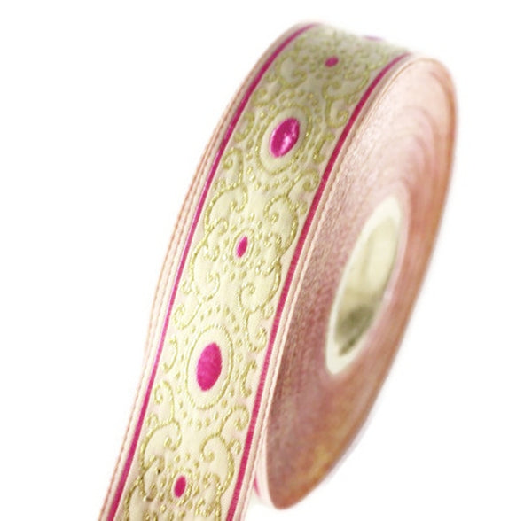 16 mm Pink/White authentic Jacquard ribbon (0.62 inches), woven ribbon,  authentic ribbon, Sewing, Scroll Jacquard trim, Trim, 16805