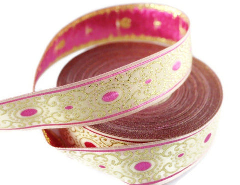 16 mm Pink/White authentic Jacquard ribbon (0.62 inches), woven ribbon,  authentic ribbon, Sewing, Scroll Jacquard trim, Trim, 16805
