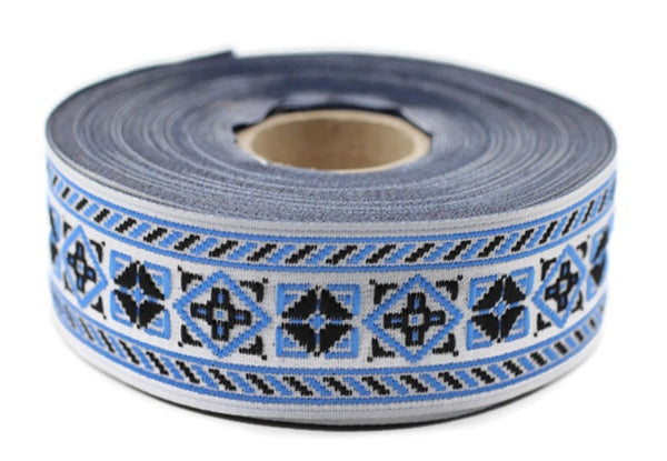 28 mm Blue/White Embroidered Ribbon (1.10 inch, Jacquard ribbons, jacquard trims, wide trims, craft supplies, vintage trim, trimming, 28117