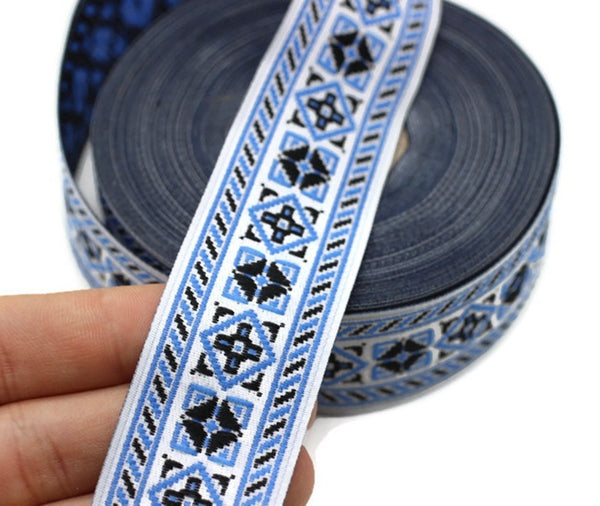 28 mm Blue/White Embroidered Ribbon (1.10 inch, Jacquard ribbons, jacquard trims, wide trims, craft supplies, vintage trim, trimming, 28117