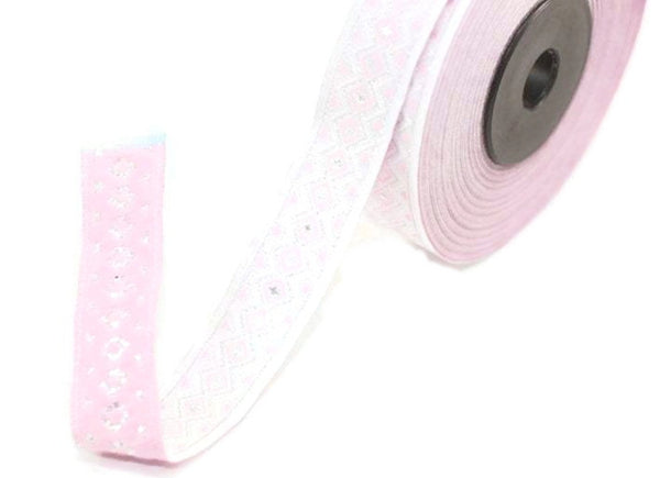 15 mm Pink&Silver Triangle Motive Jacquard ribbon, (0.59 inches), jacquard ribbon, triangle ribbon, french ribbon, Jacquard trim, 15810