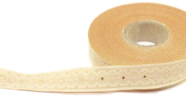 15 mm Pink&Golden Triangle Motive Jacquard ribbons, (0.59 inches), ribbon by the yards, triangle ribbon, french ribbon, Jacquard trim, 15810