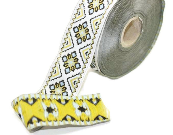 35 mm Yellow/White Geometric Jacquard ribbon (1.37 inches) ,Decorative Craft Ribbon, Sewing trim, jacquard ribbon, embroidered ribbon, 35943