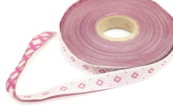 11 mm Pink&Light Brown Triangle Motive Jacquard ribbon, (0.43 inches), jacquard ribbon, triangle ribbon, french ribbon, Jacquard trim, 11693