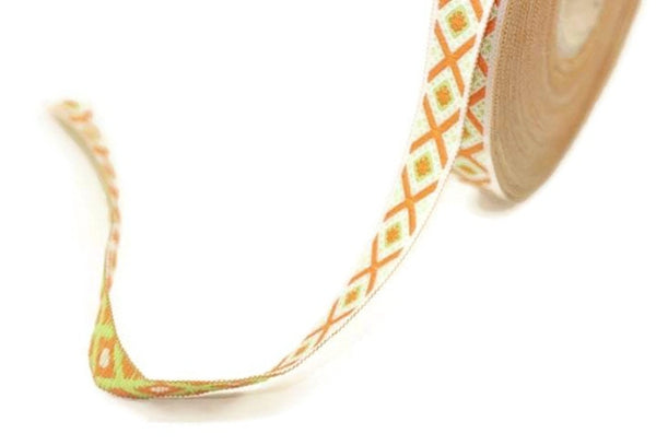11 mm Green&Orange Triangle Motive Jacquard ribbons, (0.43 inches, ribbon by the yards, triangle ribbon, french ribbon, Jacquard trim, 11693