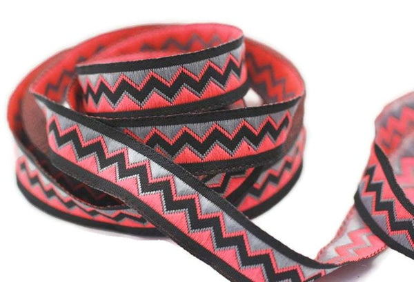 12 mm Gray/Pink triangle ribbon trim, 0.47inc, jacquard ribbon, french ribbon, Jacquard trim, sewing trim, Woven Ribbon, trimming, 12897