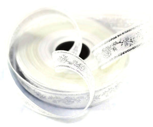 15 mm White&Silver Flower emboried Jacquard ribbons (0.59 inches, Jacquard trim, Sewing trim, geometric ribbon, collars supply