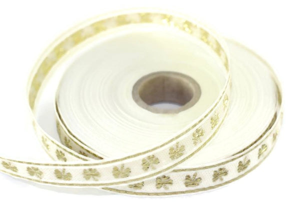 15 mm White&Gold Jacquard ribbons (0.59 inch, Clover ribbon, jacquard trim, embroided trim, sari trim, geometric ribbon, woven jacquard