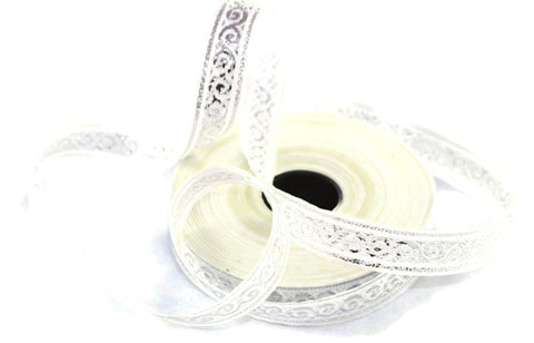 15 mm White&Silver Aztec emboried Jacquard ribbons (0.59 inches, Jacquard trim, Sewing, Jacquard ribbon, trimming, collars supply