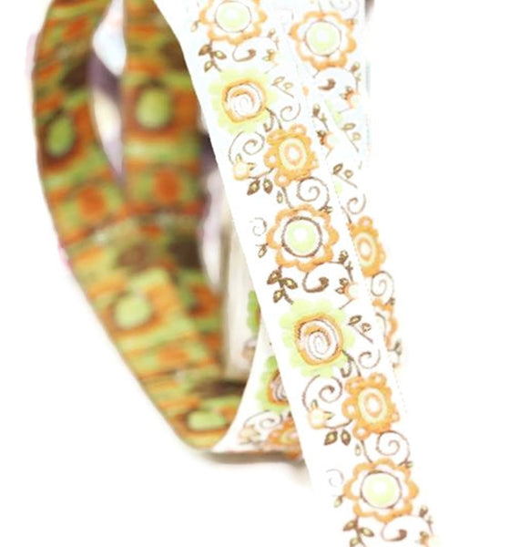 15 mm Green&Orange Jacquard ribbons, 0.59 inches, Flower emborierd, Sewing, Jacquard ribbons, Trim, dog collars, tape, bag strap, 15699