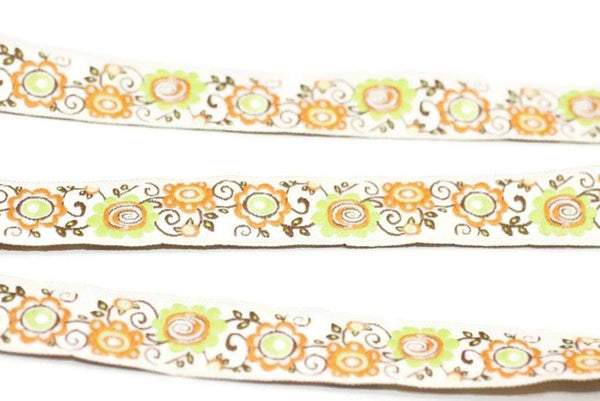 15 mm Green&Orange Jacquard ribbons, 0.59 inches, Flower emborierd, Sewing, Jacquard ribbons, Trim, dog collars, tape, bag strap, 15699