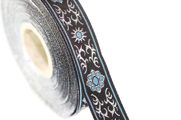 16 mm metallic Blue/Black jacquard ribbons (0.62 inches, native american embroidered trim, woven trim, woven jacquards, woven border, 16806