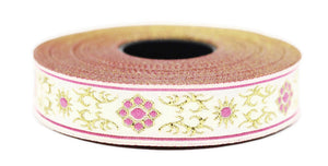 16 mm metallic Pink jacquard ribbons (0.62 inches, native american embroidered trim, woven trim, woven jacquards, woven border, 16806