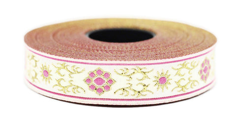 16 mm metallic Pink jacquard ribbons (0.62 inches, native american embroidered trim, woven trim, woven jacquards, woven border, 16806