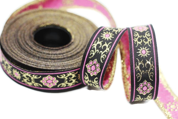 16 mm metallic Pink jacquard ribbons (0.62 inches,  native american embroidered trim, woven trim, woven jacquards, woven border, 16806