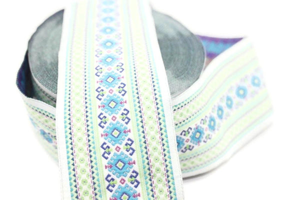 35 mm Blue&Light Green Mosaic Motif Jacquard Ribbon (1.37 inches), Vintage Jacquard, Huge Trim, Large ribbon, jacquard trim, 35997