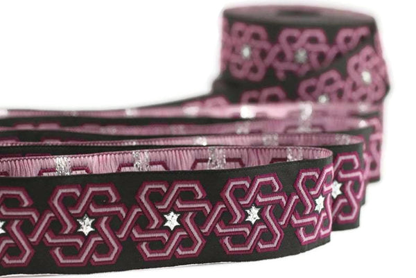 35 mm Star motive Pink jacquard ribbons (1.37 inches) jacquard trim, fabric trim, craft supplies, collar supply, jacquard border, 35974