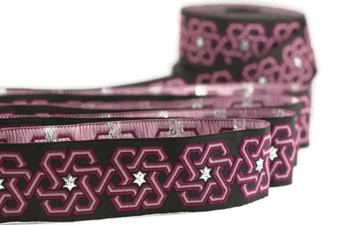25 mm Star motive Pink jacquard ribbons (0.98 inches) jacquard trim, fabric trim, craft supplies, collar supply, jacquard border, 25974
