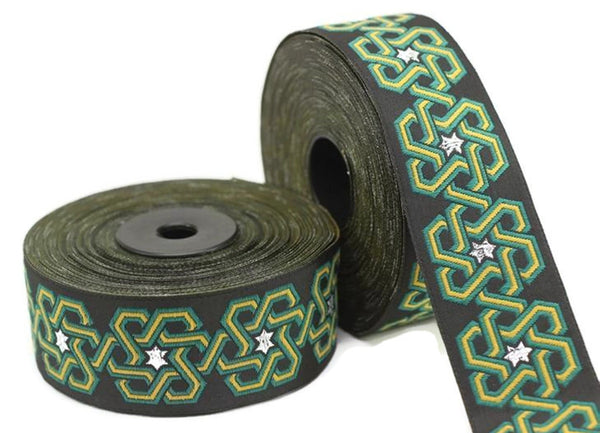 25 mm Stars motive Green jacquard Ribbons (0.98 inches), ribbon trim, jacquard trim, craft supplies, collar supply,  ribbon, 25974