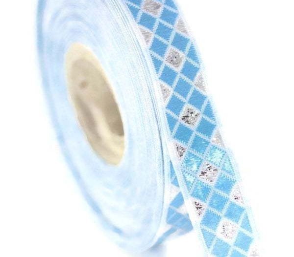 12 mm Sky Blue Triangle Motive Jacquard border (0.47 inches), jacquard ribbon, silvery ribbon, french ribbon, Jacquard trim, 12251