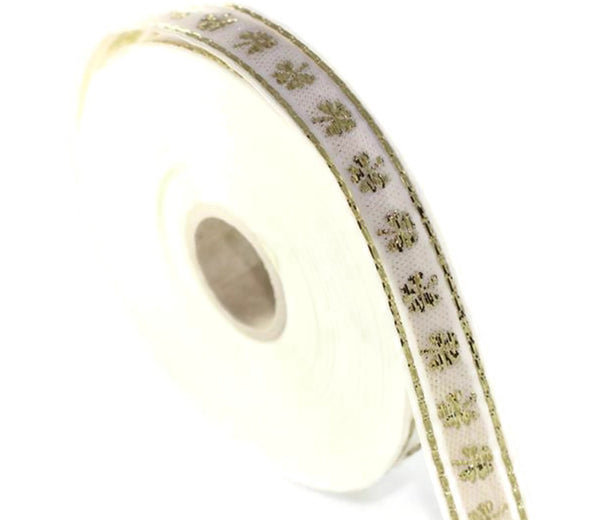 15 mm White&Gold Jacquard ribbons (0.59 inch, Clover ribbon, jacquard trim, embroided trim, sari trim, geometric ribbon, woven jacquard