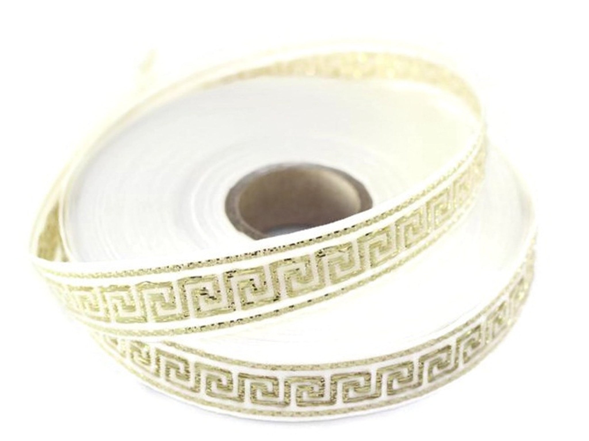 15 mm White&Gold Greek key Jacquard ribbons (0.59 inches, Jacquard trim, Sewing trim, geometric ribbon, trimming, dog collars