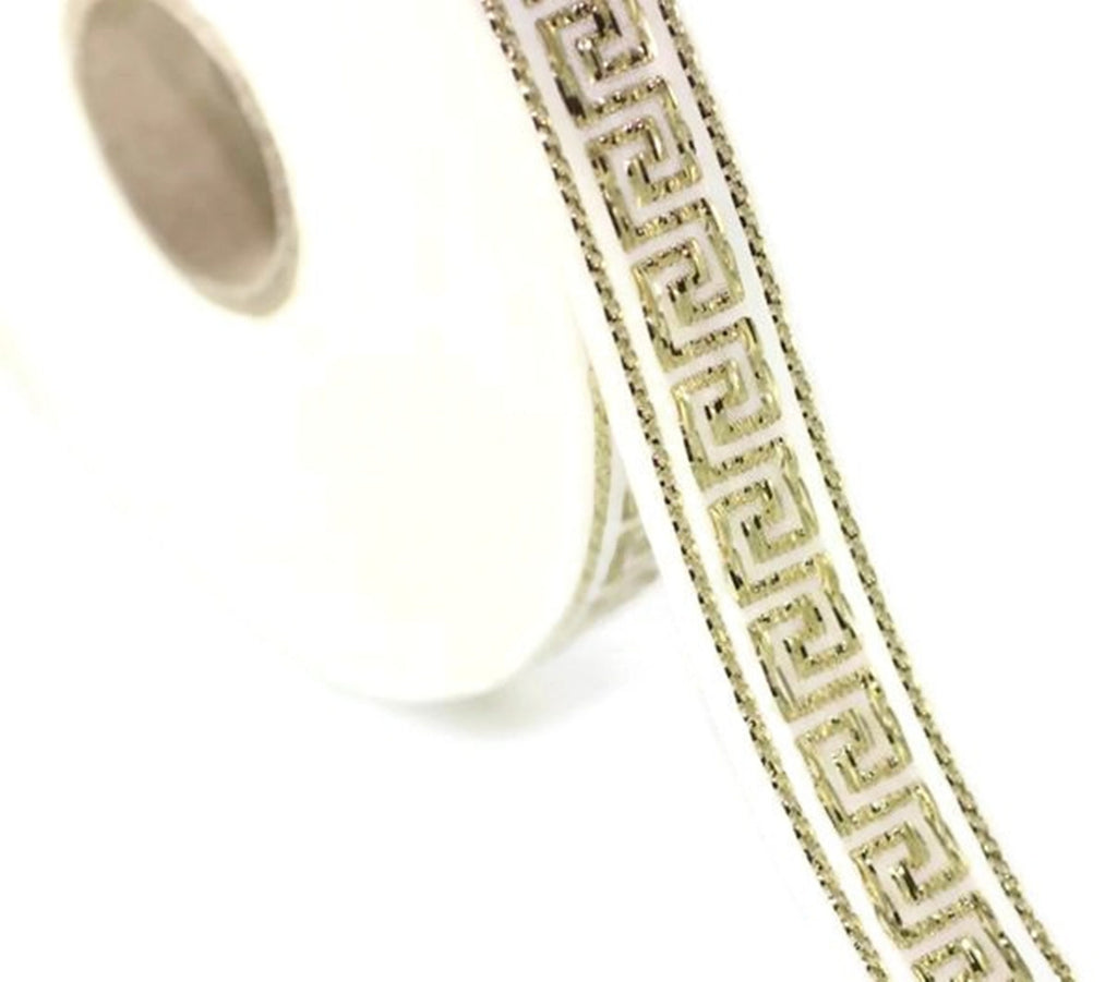 15 mm White&Gold Greek key Jacquard ribbons (0.59 inches, Jacquard tri ...