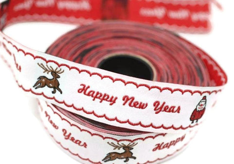 22 mm Happ New Year Embroidered ribbon (0.86 inches), Vintage Jacquard, Christmas ribbon, New Year Trim, Woven ribbons