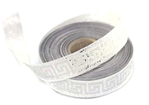 16 mm Grey&Silver Jacquard ribbons (0.62 inches, Greek key Jacquard trim, Sewing trim, Jacquard ribbons, woven ribbons, dog collars, 16062