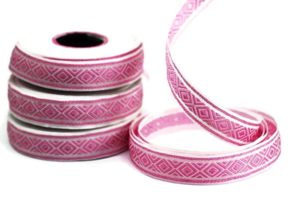 15 mm Pink mosaic emboried Jacquard ribbon (0.59 inches), Decorative Craft Ribbon, Sewing, Jacquard ribbon, Trim, ribbons, 15111