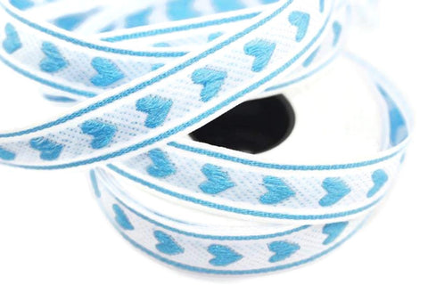 16 mm Blue Heart emboried Jacquard ribbon (0.62 inches, Decorative Craft Ribbon, Sewing, Jacquard trim, Trim, ribbons, Heart ribbon, HRT