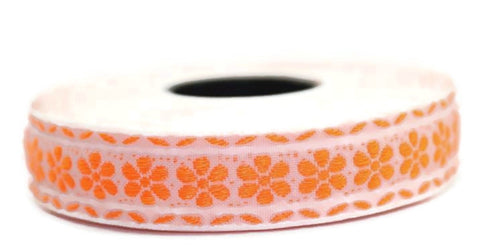 16 mm Neon Orange Floral emboried Jacquard ribbon (0.62 inch, Decorative Craft Ribbon, Sewing, Jacquard ribbon, ribbons, Floral ribbon, FLW