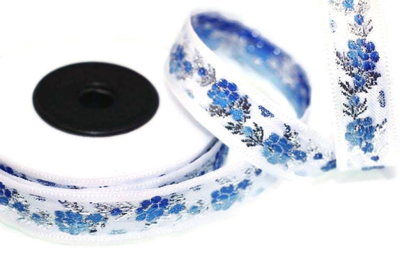 16 mm White Front Blue&Silver Floral Jacquard ribbon (0.62 inches, jacquard trim, Balkans Decorative Ribbon, Sewing trim, collar trim, 16011