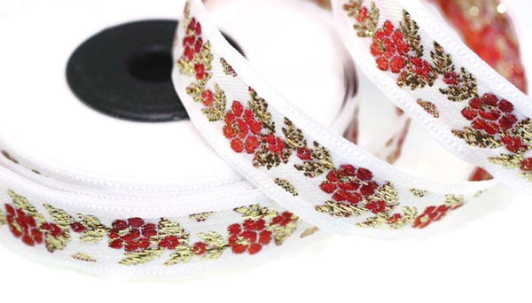 16 mm  Floral Jacquard ribbon White Front Red&Gold (0.62 inches), jacquard trim, Balkans Decorative Ribbon, Sewing trim, collar trim, 16011