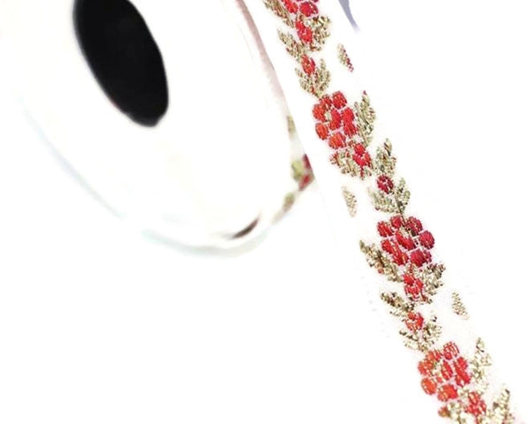 16 mm  Floral Jacquard ribbon White Front Red&Gold (0.62 inches), jacquard trim, Balkans Decorative Ribbon, Sewing trim, collar trim, 16011