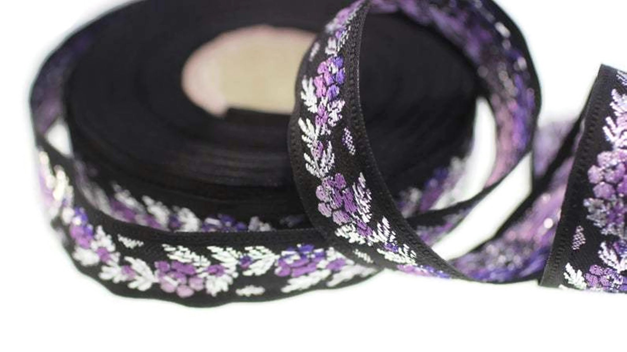 35 mm Black Front Purple Floral Jacquard ribbon (1.37 inches), Jacquard trim, Balkans Decorative Ribbon, Sewing Trim, Collar Trim, 35011
