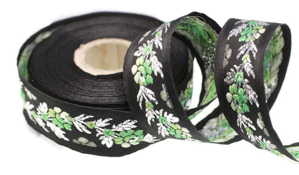 16 mm Black Front Green Floral Jacquard ribbons (0.62 inches), jacquard trim, Balkans Decorative Ribbon, Sewing trim, collar trim, 16011