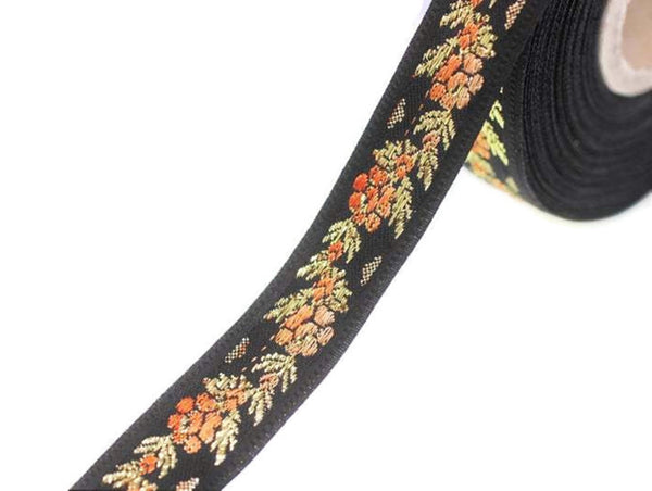 16 mm Black Front Orange Floral Jacquard ribbon (0.62 inches), jacquard trim, Balkans Decorative Ribbon, Sewing trim, collar trim, 16011
