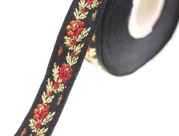16 mm Black Front Red Floral Jacquard ribbon (0.62 inches), jacquard trim, Balkans Decorative Ribbon, Sewing trim, collar trim, 16011