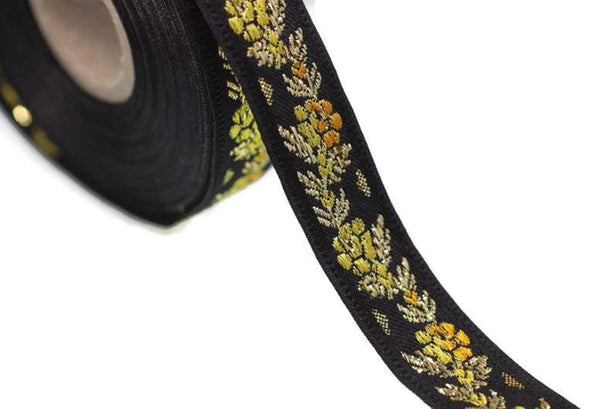 16 mm Black Front Yellow Floral Jacquard ribbon (0.62 inches), jacquard trim, Balkans Decorative Ribbon, Sewing trim, collar trim, 16011
