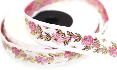 16 mm White Front Pink-Gold Floral Jacquard ribbon (0.62 inches), jacquard trim, Balkans Decorative Ribbon, Sewing trim, collar trim, 16011