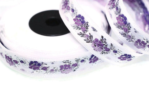 26 mm White Front Purple-Silver Floral Jacquard ribbon (1.02 inch, Jacquard trim, Balkans Decorative Ribbon, Sewing Trim, Collar Trim, 26011