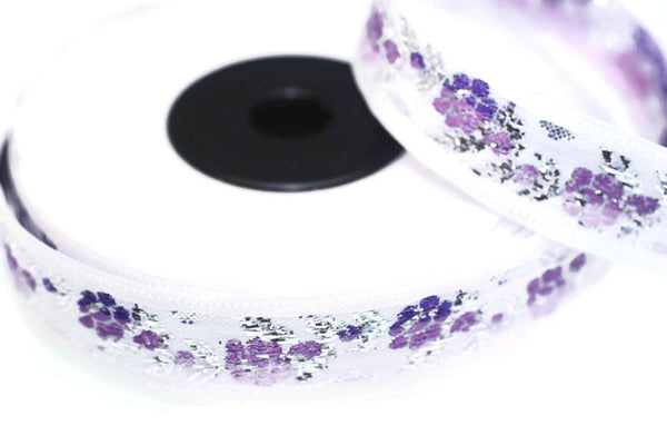 35 mm White Front Purple-Silver Floral Jacquard ribbon (1.37 inch, Jacquard trim, Balkans Decorative Ribbon, Sewing Trim, Collar Trim, 35011