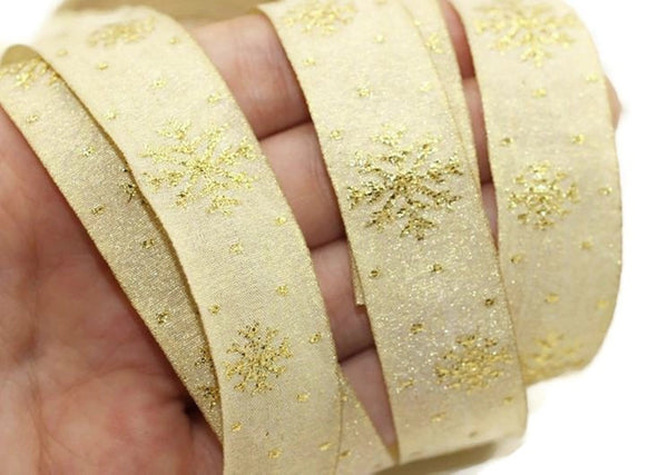 22 mm Golden Christmas jacquard ribbons 0.62 inches, snowflake embroidered trim, Christmas trim, Christmas jacquards, Christmas Ribbon