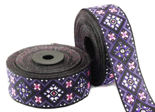 35 mm Purple Geometric Ribbon, (1.37 inches, Geometric trim, jacquard trim, craft supplies, vintage trim, Brocade Ribbon, 35975