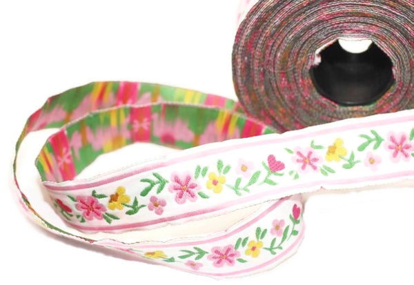16 mm Pink/white Floral Jacquard ribbon (0.62 inches), woven ribbon, authentic ribbon, Sewing, Scroll Jacquard trim, ribbons, 16947