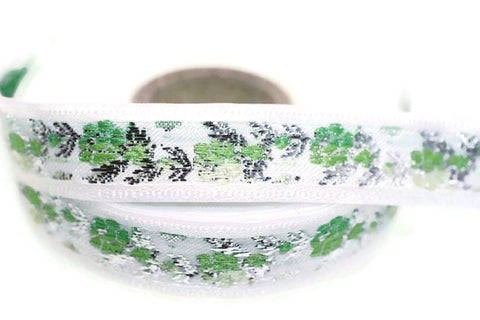 16 mm  Floral Jacquard ribbon White Front Green&Silver (0.62 inch, jacquard trim, Balkans Decorative Ribbon, Sewing trim, collar trim, 16011