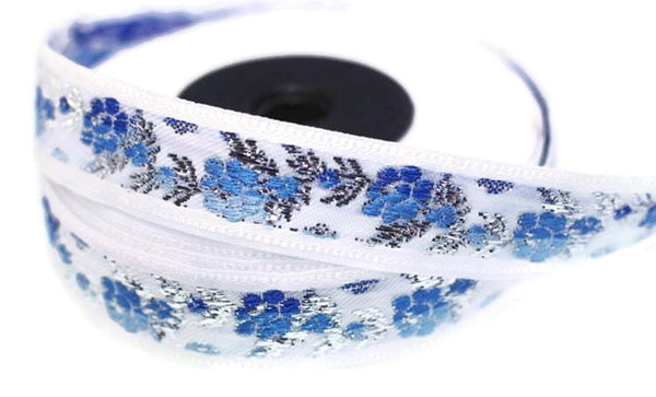 16 mm White Front Blue&Silver Floral Jacquard ribbon (0.62 inches, jacquard trim, Balkans Decorative Ribbon, Sewing trim, collar trim, 16011