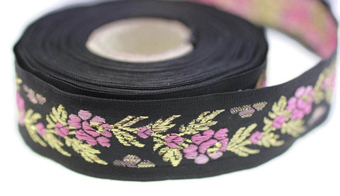 16 mm Black Front Pink Floral Jacquard ribbon (0.62 inches), jacquard trim, Balkans Decorative Ribbon, Sewing trim, collar trim, 16011