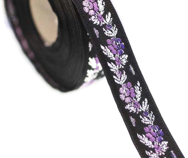 16 mm Black Front Purple Floral Jacquard ribbon (0.62 inches), jacquard trim, Balkans Decorative Ribbon, Sewing trim, collar trim, 16011